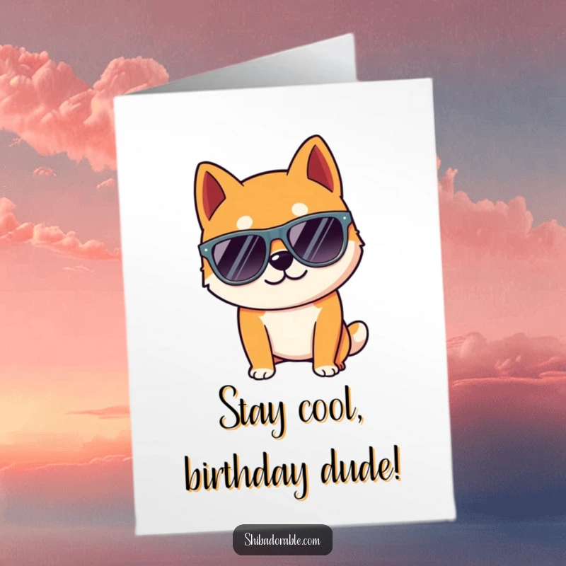 Funny Free Printable Birthday Card: Shiba Inu dog wearing oversized sunglasses, striking a super cool pose, looking effortlessly chic.