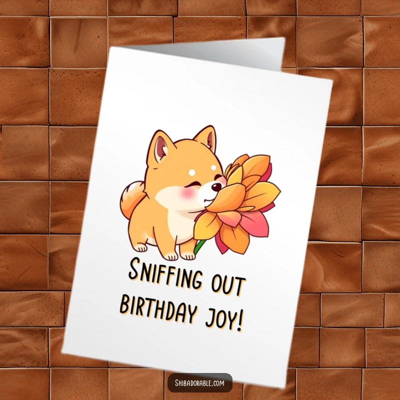 Funny Free Printable Birthday Card: Shiba Inu with perked ears curiously sniffing a giant, vibrant, colorful flower.