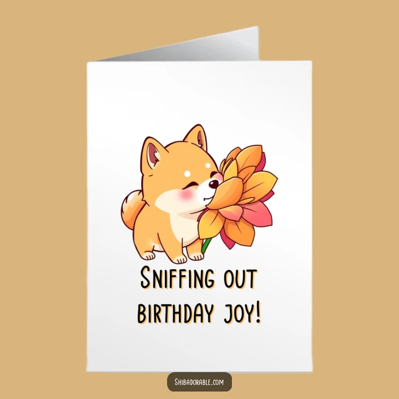 Free Printable Birthday Card: Curious Shiba Inu Sniffing Flower, Funny Downloadable Gift