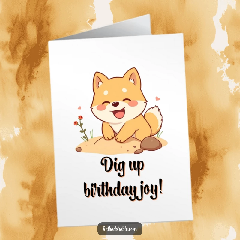 Free Printable Birthday Card: A Shiba Inu joyfully digs in the dirt, seeking imaginary treasure.
