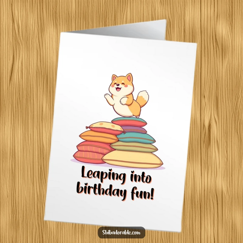 Funny Free Printable Birthday Card: Shiba Inu dog playfully leaping high over a stack of colorful cushions with joy.