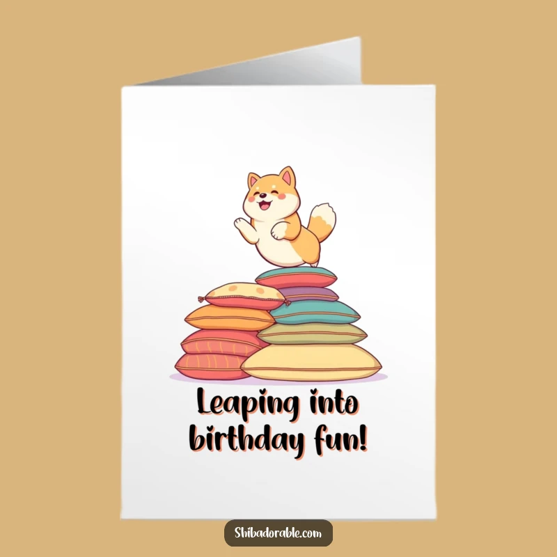 Free Printable Birthday Card: Energetic Shiba Leaping - Funny Downloadable Gift!