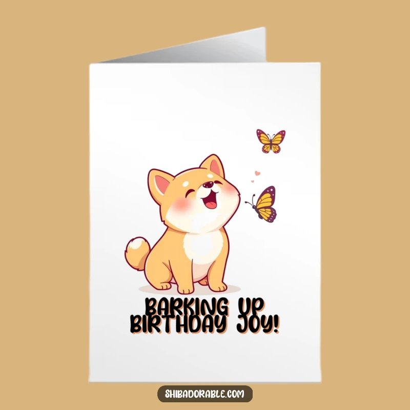 Free Printable Birthday Card: Excited Shiba Inu & Butterfly, Funny Downloadable Gift