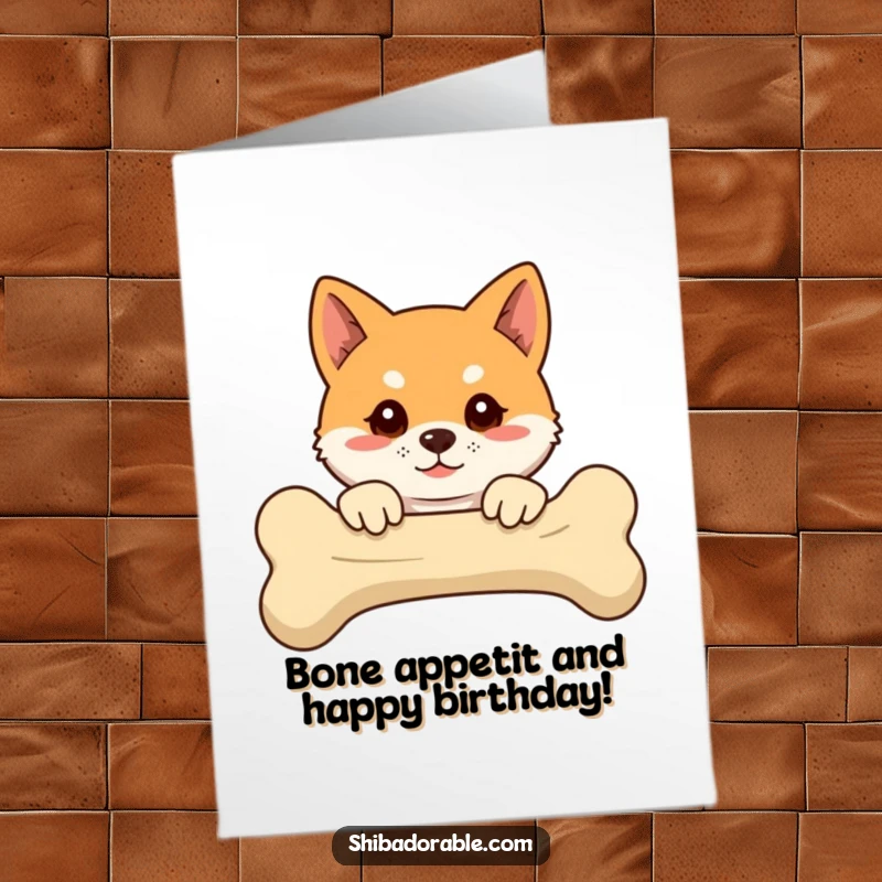 Funny Free Printable Birthday Card: Shiba Inu with floppy ears, peeking mischievously over a giant bone, ready to celebrate.