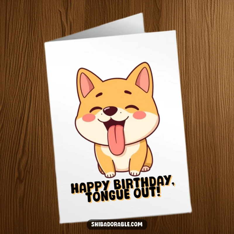 Free Printable Birthday Card: A Shiba Inu is panting happily, with its tongue sticking out, looking joyful.