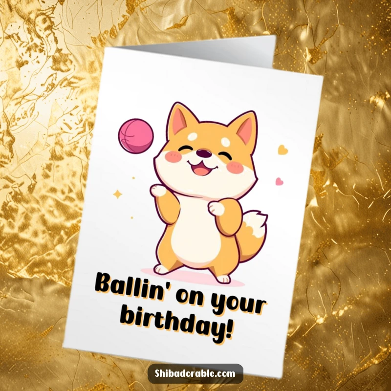 Funny Free Printable Birthday Card: A cheerful Shiba Inu happily juggling a colorful bouncy ball with its paws, full of playful energy.