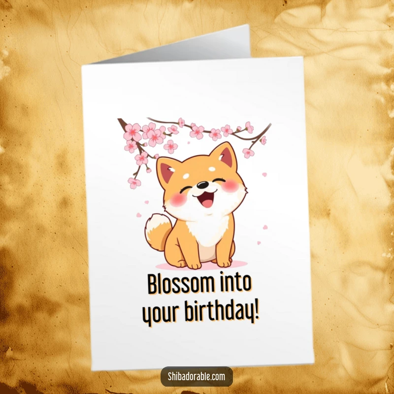 Funny Free Printable Birthday Card: Shiba Inu playfully leaping to catch falling cherry blossoms, embodying pure joy and spring.
