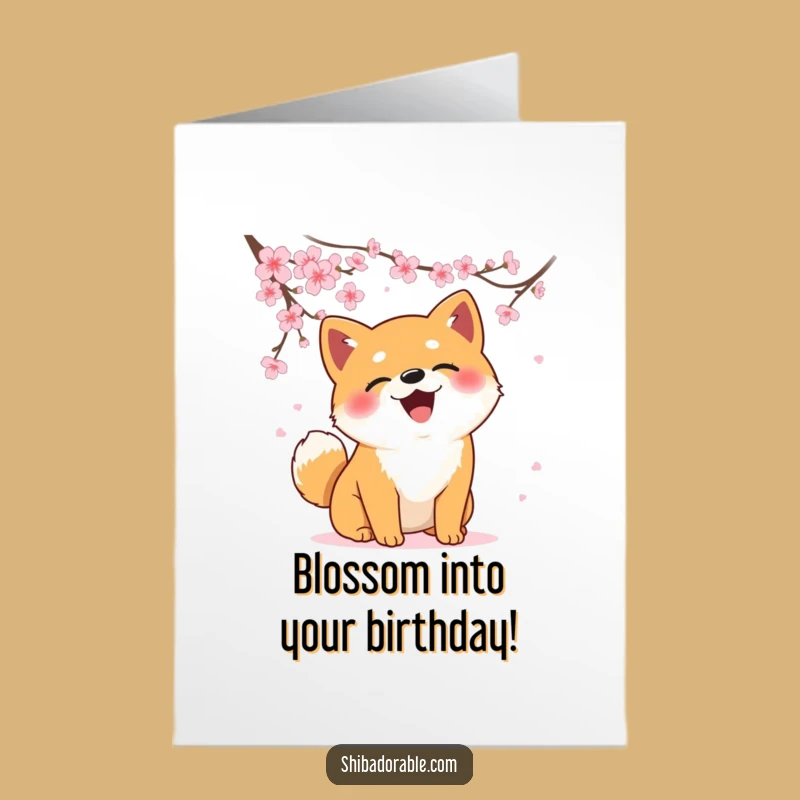 Free Printable Birthday Card: Playful Shiba Inu & Blossoms - Downloadable Art