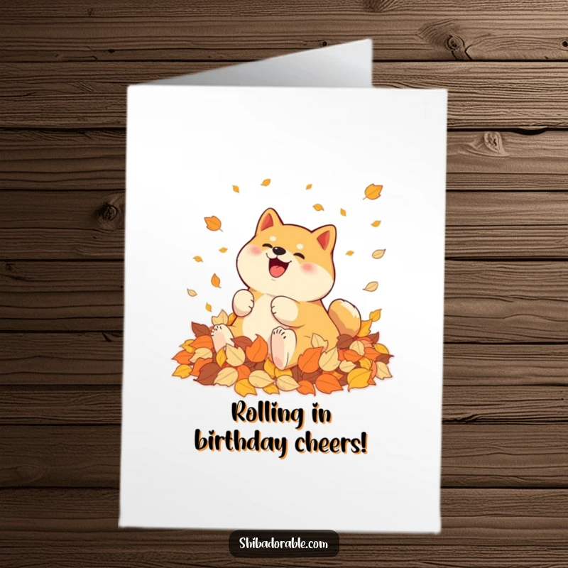 Funny Free Printable Birthday Card: Shiba Inu joyfully rolling in a large pile of soft, colorful autumn leaves.