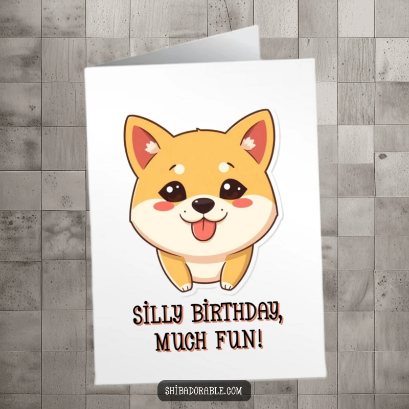 Funny Free Printable Birthday Card: A Shiba Inu making a silly expression with its tongue sticking out slightly in a playful, mischievous way.