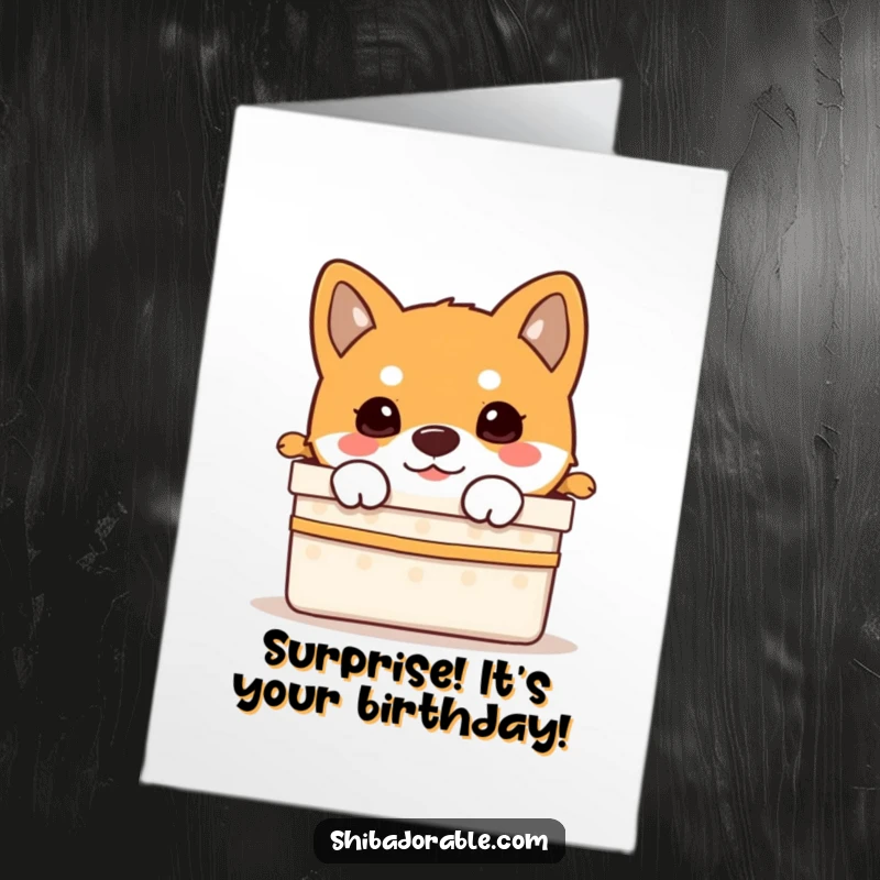 Funny Free Printable Birthday Card: A cute Shiba Inu puppy peeking curiously out of an open gift box.