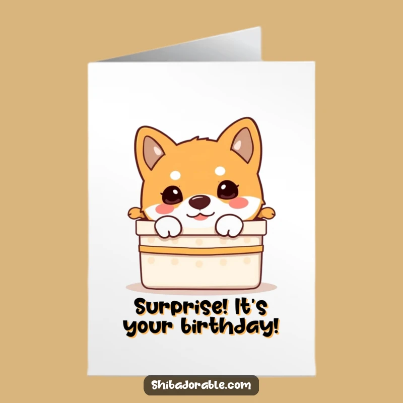 Free Printable Funny Birthday Card: Curious Shiba Puppy Gift Box Surprise for a Joyful Downloadable Gift