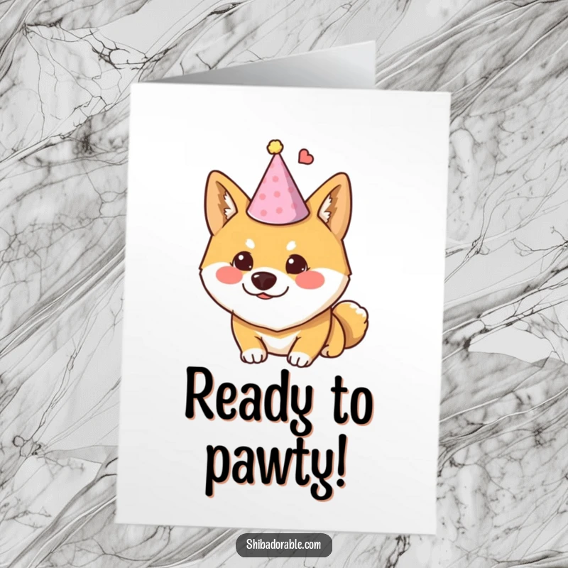 Funny Free Printable Birthday Card: Shiba Inu dog wearing a small party hat, with a sly, mischievous glint in its eyes.