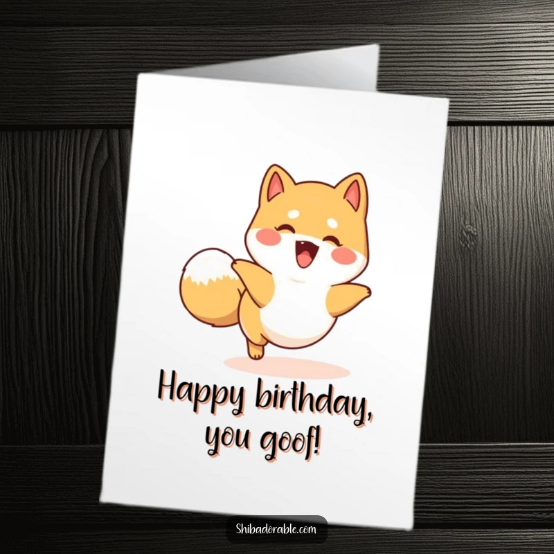 Free Printable Birthday Card: A happy Shiba Inu dog playfully chases its wagging tail in a fun circle.