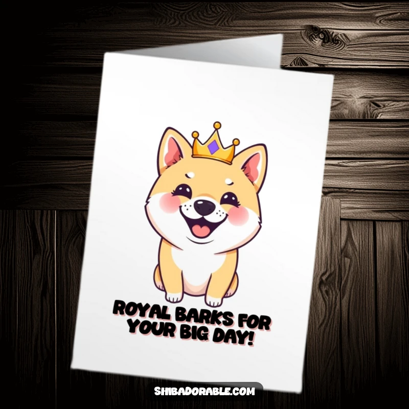 Funny Free Printable Birthday Card: Happy Shiba Inu wearing a tiny crown barking joyfully, ready to celebrate.
