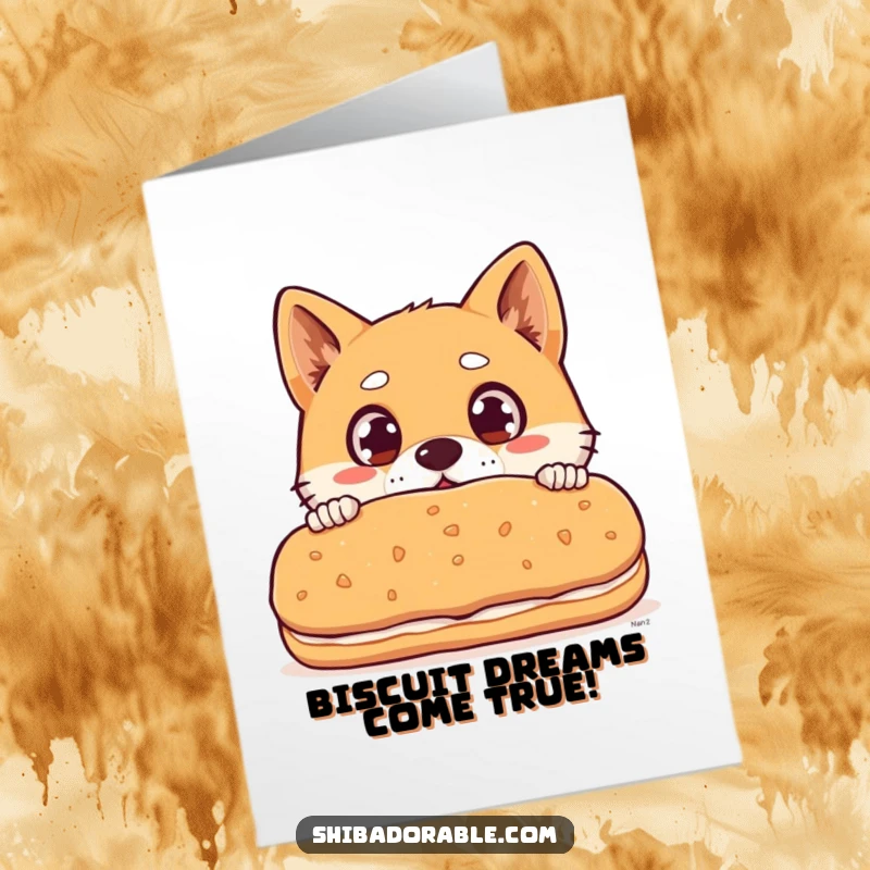 Funny Free Printable Birthday Card: Shiba Inu dog with wide surprised eyes peeking over a giant biscuit.