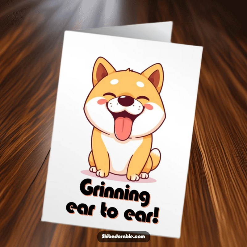 Funny Free Printable Birthday Card: Happy Shiba Inu dog panting heavily with a wide, joyful, goofy grin on its face.