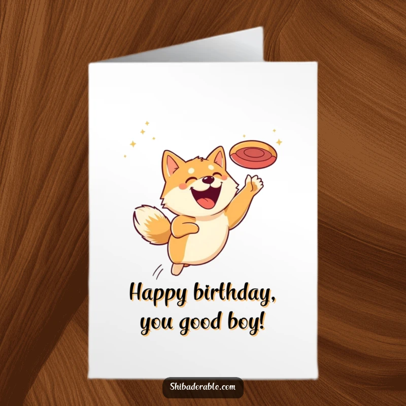 Funny Free Printable Birthday Card: Shiba Inu with a massive, joyful grin leaping high to catch a flying disc.