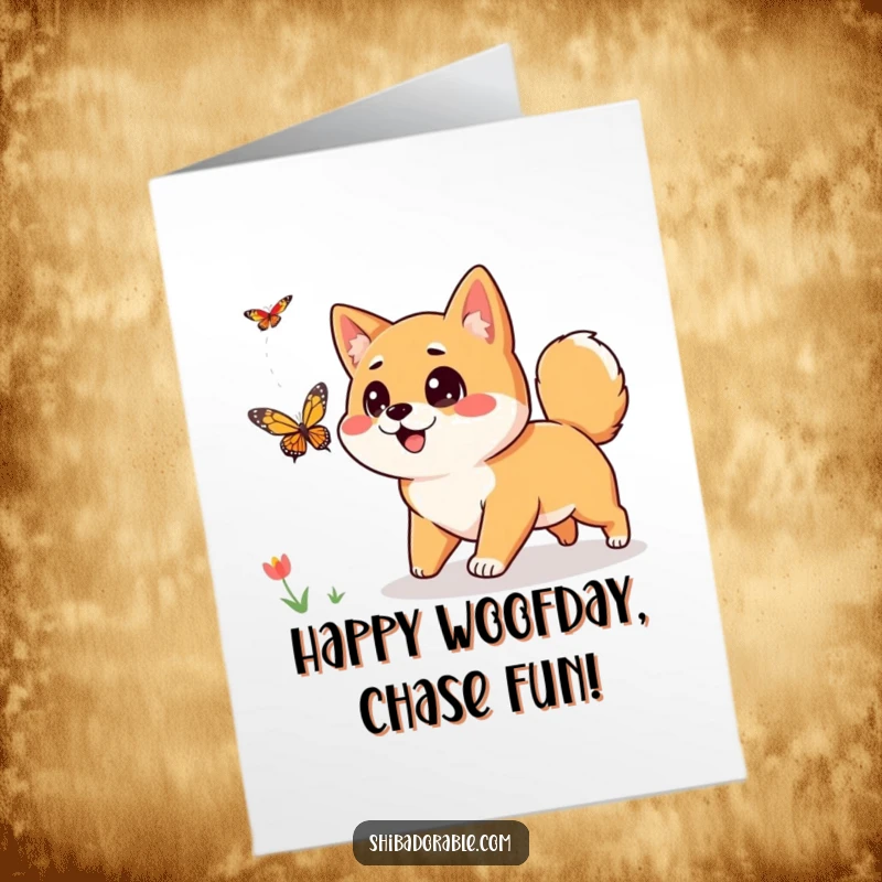 Free Printable Birthday Card: A Shiba Inu with big, curious eyes happily chases a fluttering butterfly in a garden.