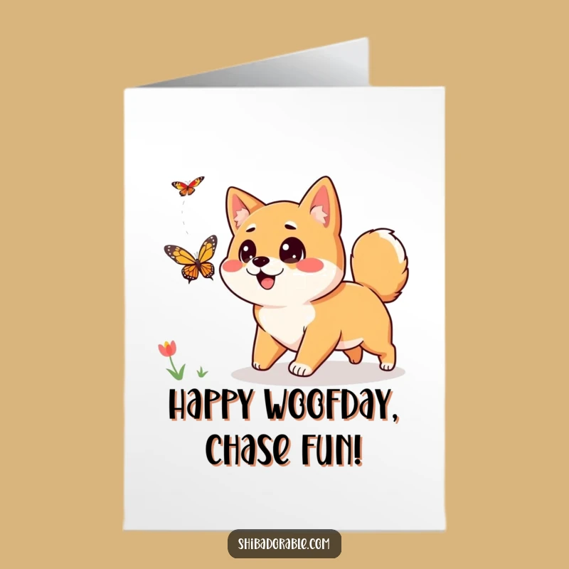 Free Printable Birthday Card: Curious Shiba Inu Chasing Butterfly Downloadable Fun