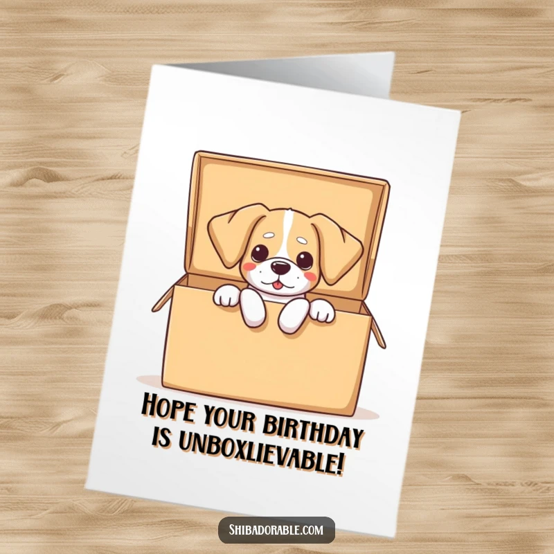Funny Free Printable Birthday Card, dog with floppy ears comically spilling out of a large open box, surprise entrance