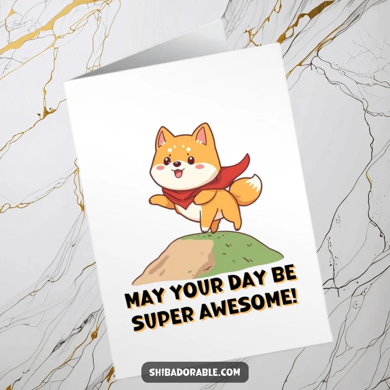 Funny Free Printable Birthday Card: A Shiba Inu in a cape attempting to fly from a hill, like a superhero.