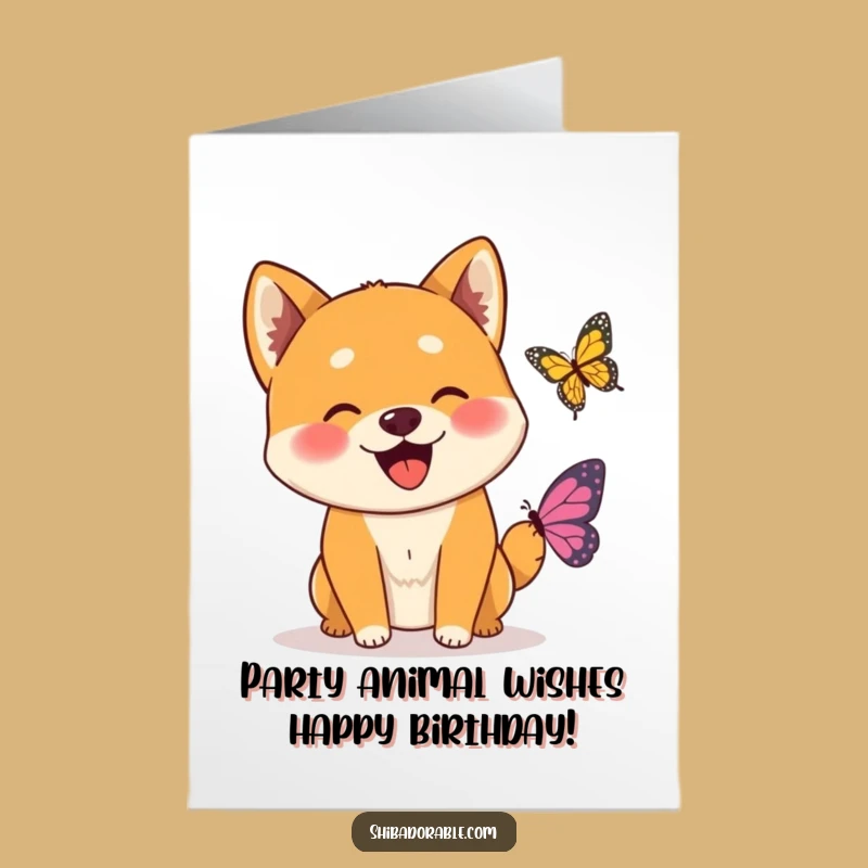 Free Printable Shiba Inu Birthday Card: Happy Dog Butterfly Greeting, Funny Downloadable Gift
