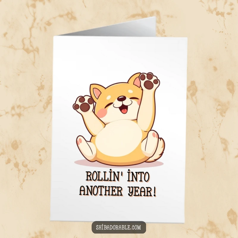 Funny Free Printable Birthday Card: A joyful Shiba Inu rolling happily on its back with paws playfully in the air, embodying pure delight.
