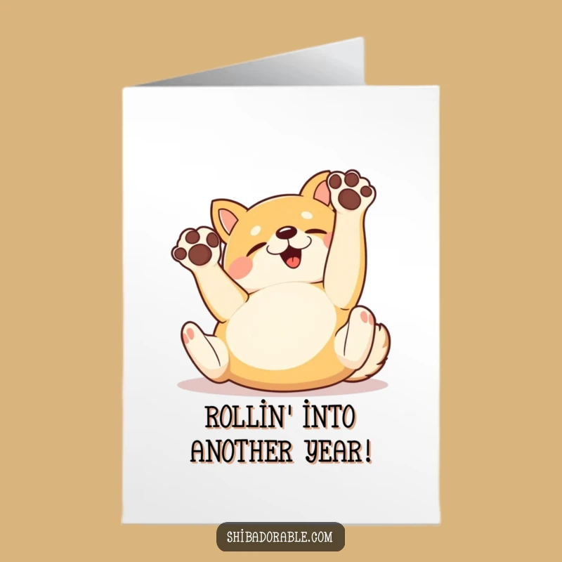 Free Printable Birthday Card: Playful Shiba Inu Rolling Downloadable Funny Gift