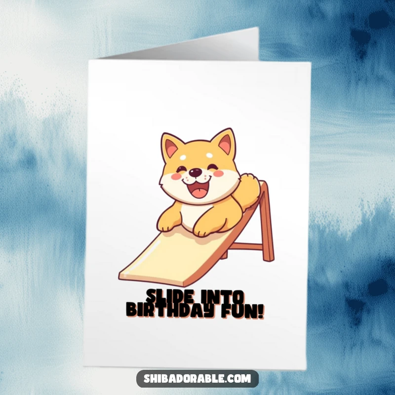 Funny Free Printable Birthday Card: Shiba Inu dog gleefully slides down a playground slide with a huge smile.