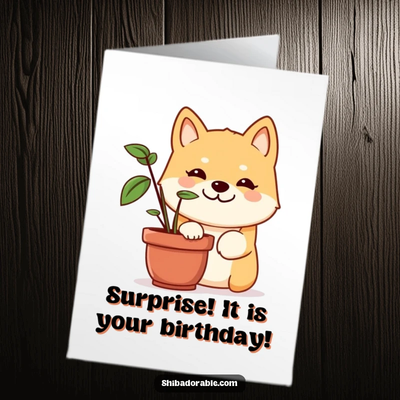 Funny Free Printable Birthday Card: A Shiba Inu with a mischievous grin peeking from behind a potted plant.