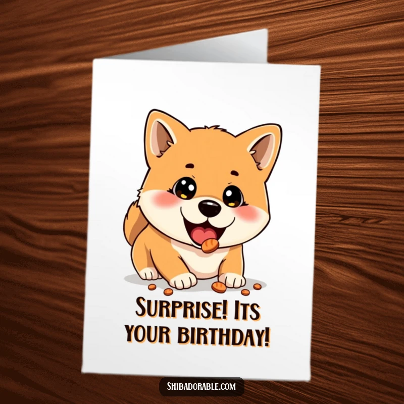 Free Printable Birthday Card: Delighted Shiba Inu with wide eyes discovering a hidden treat, a funny downloadable surprise.