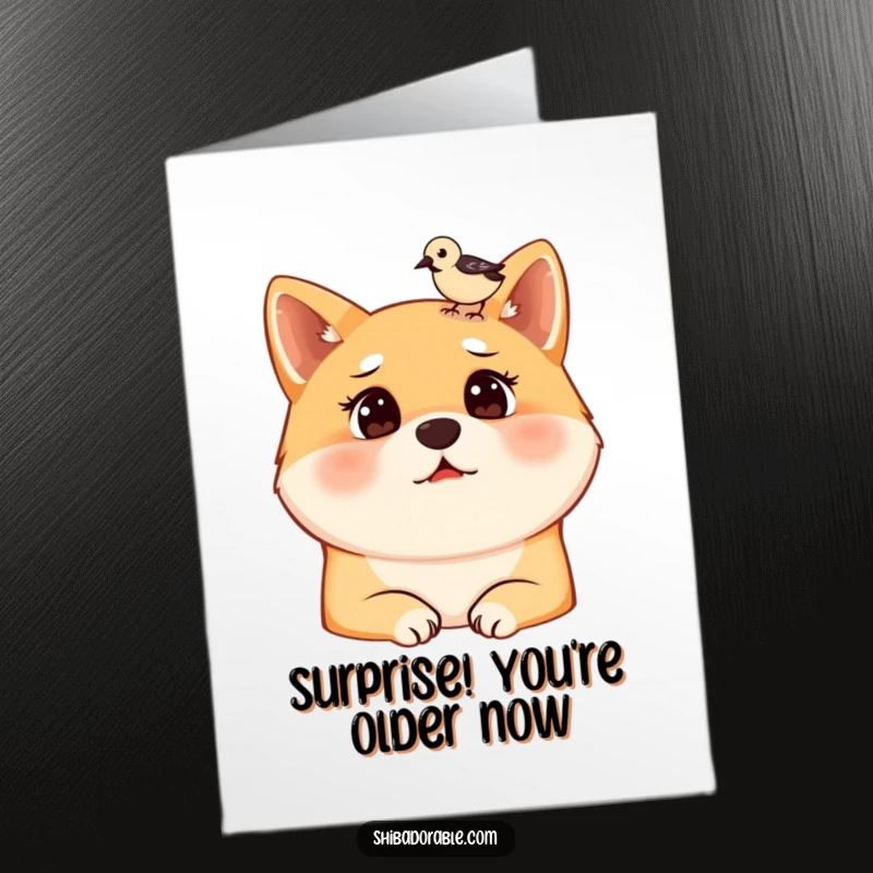 Funny Free Printable Birthday Card: Shiba Inu comically startled by a small bird landing on its head, a surprise gift.
