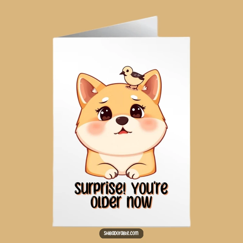 Free Printable Funny Birthday Card: Surprised Shiba Inu with Bird, Surprise Downloadable Gift