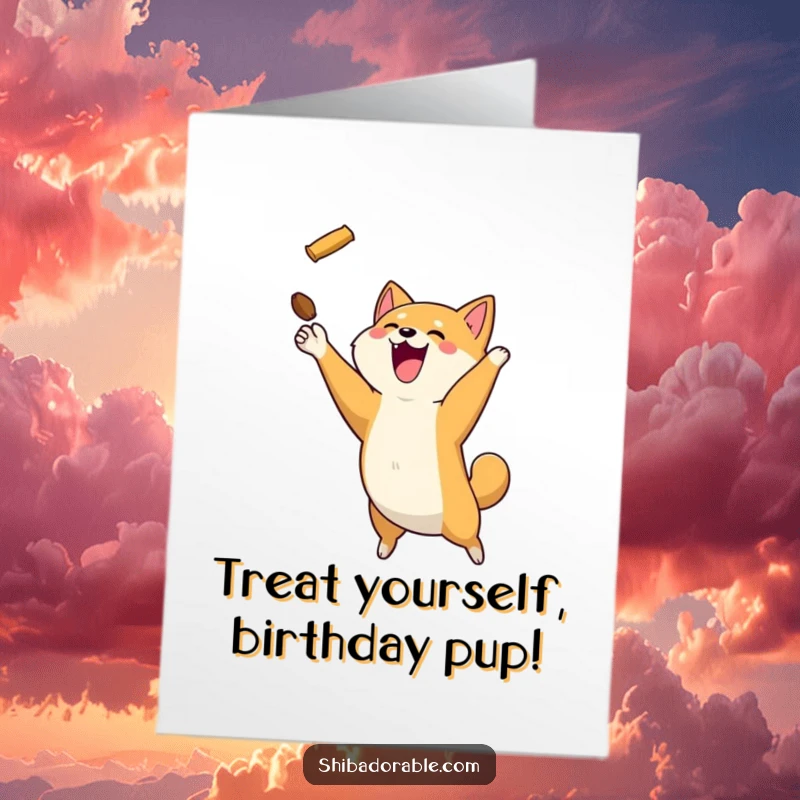 Funny Free Printable Birthday Card: A joyful Shiba Inu dog leaping in mid-air to catch a flying treat.