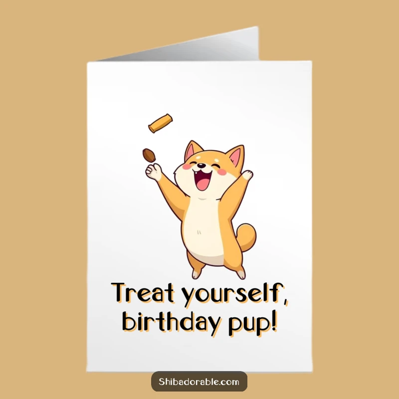 Free Printable Funny Birthday Card: Leaping Shiba Treat Catcher for a Joyful Downloadable Gift