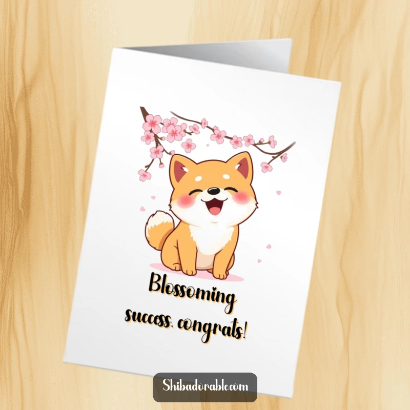 Funny Free Printable Congratulations Card: A silly Shiba Inu joyfully attempting to catch delicate falling cherry blossoms in mid-air.