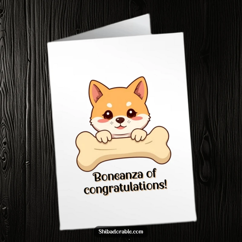 Funny Free Printable Congratulations Card: Shiba Inu peeking over a huge bone, conveying joyful celebration and a touch of greed.