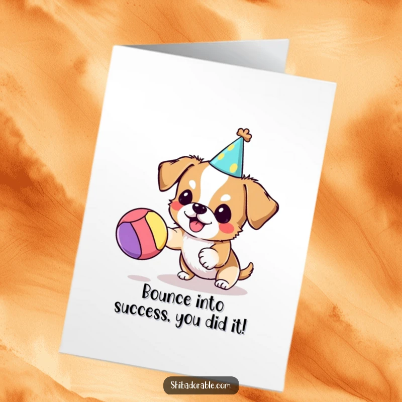 Funny Free Printable Congratulations Card, small dog in party hat gleefully bouncing a ball, celebrating achievements with playfulness