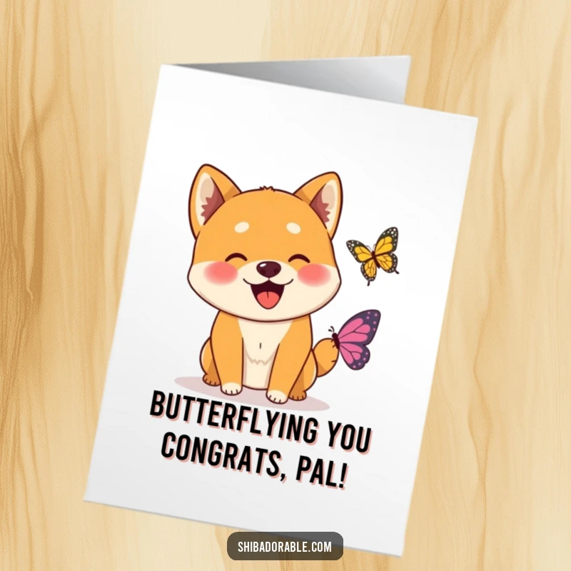 Funny Free Printable Shiba Inu Congratulations Card: An ecstatic Shiba Inu dog enthusiastically greets a playful butterfly, perfect for congrats.