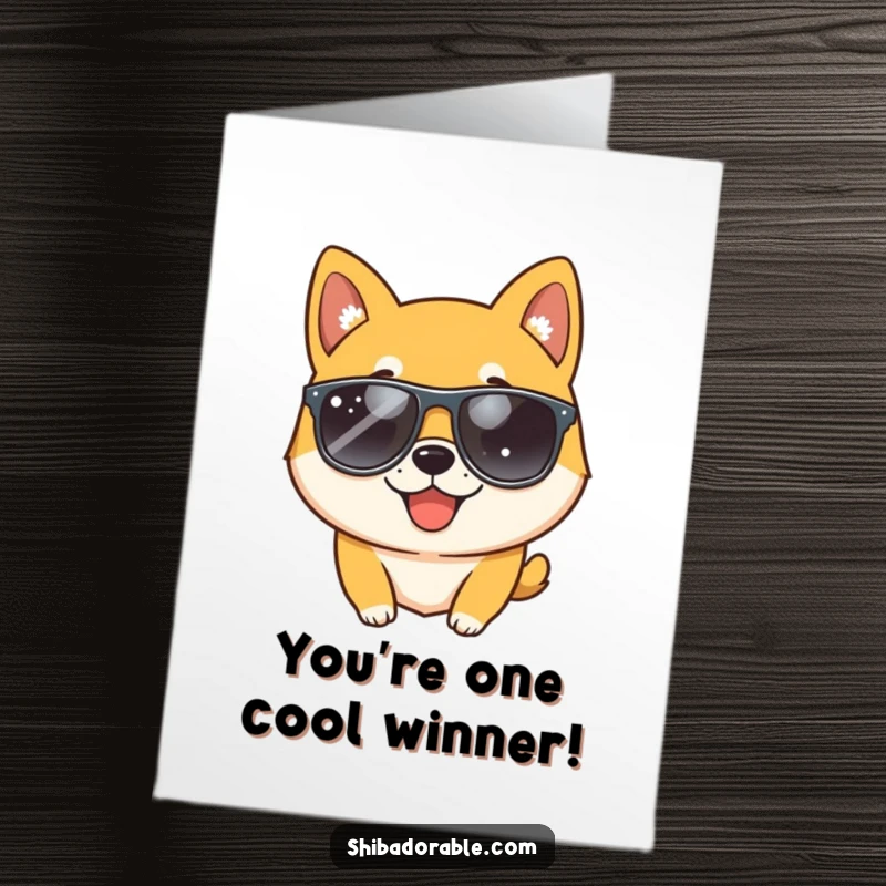 Funny Free Printable Congratulations Card: Shiba Inu dog in sunglasses winks playfully, celebrating success.