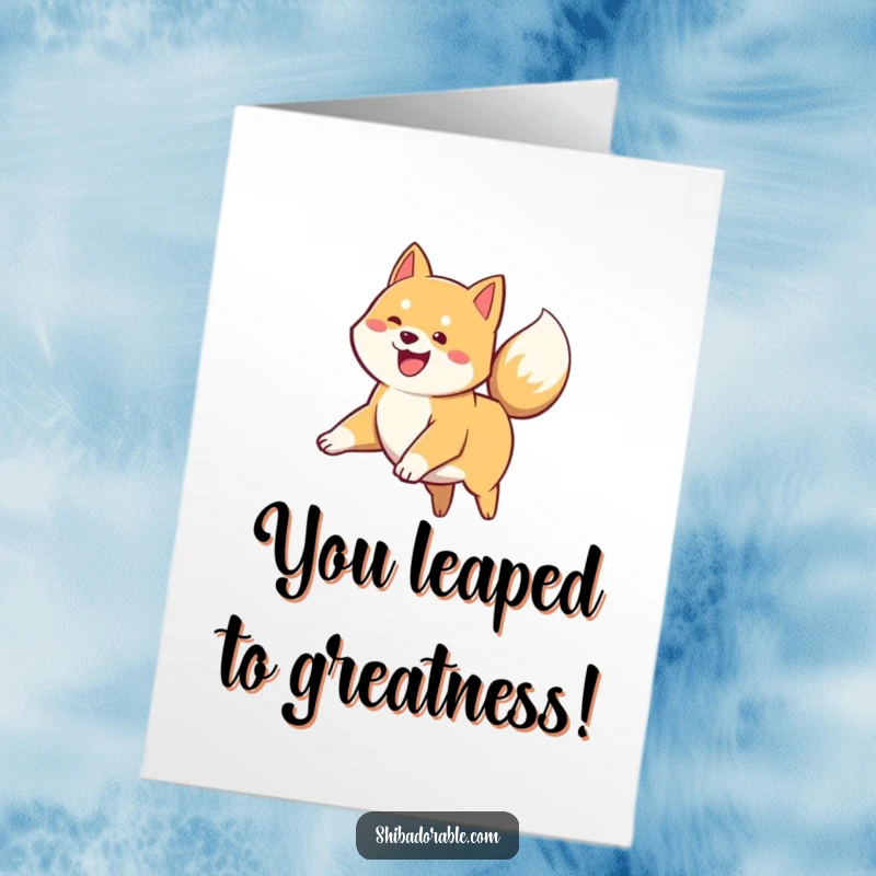 Funny Free Printable Congratulations Card: A Shiba Inu puppy leaping with excitement, its tail a blur of happiness.