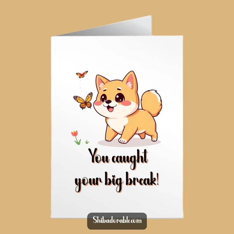 Free Printable Congrats Card: Happy Shiba Inu Butterfly Chase Downloadable