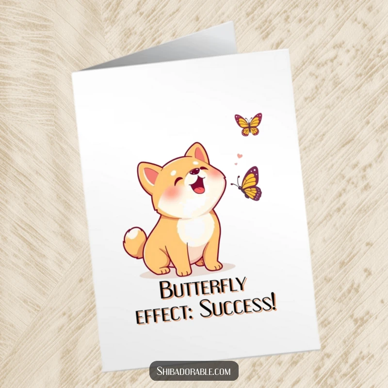 Funny Free Printable Congrats Card: Kawaii Shiba Inu puppy excitedly barking at a fluttering butterfly celebrating success.