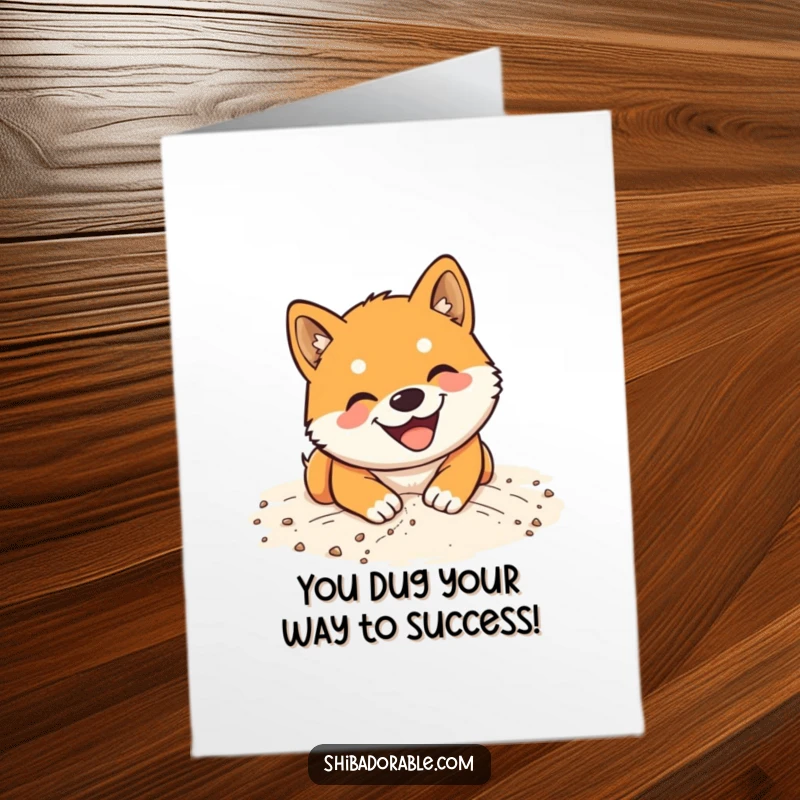 Funny Free Printable Congratulations Card: A joyful Shiba Inu dog smiling while digging happily in the sand.