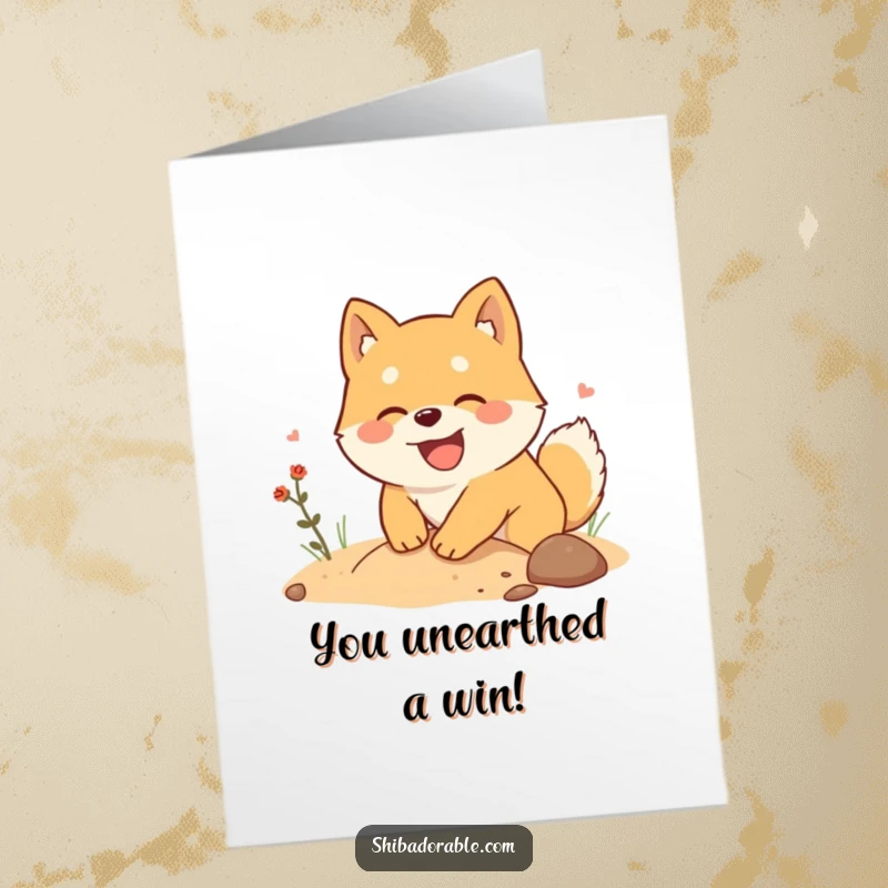 Free Printable Congratulations Card: A happy Shiba Inu is enthusiastically digging, searching for imaginary treasure.