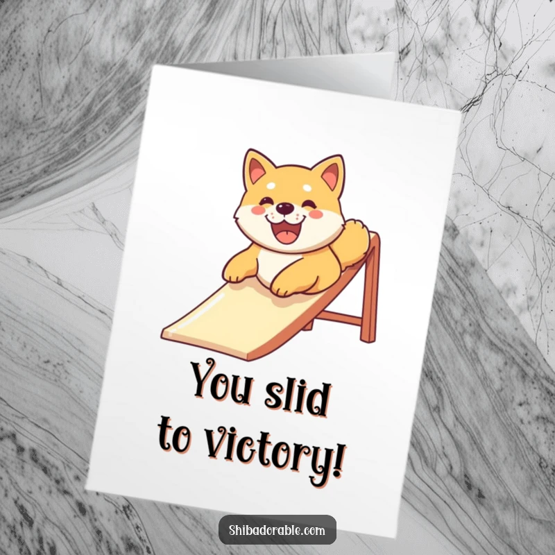 Funny Free Printable Congratulations Card: Shiba Inu dog rides a slide with a big, happy smile.