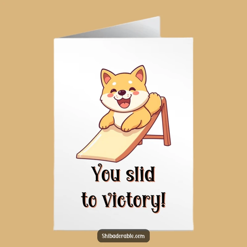 Free Printable Congrats Card: Joyful Shiba Slide, Downloadable Humorous Celebration