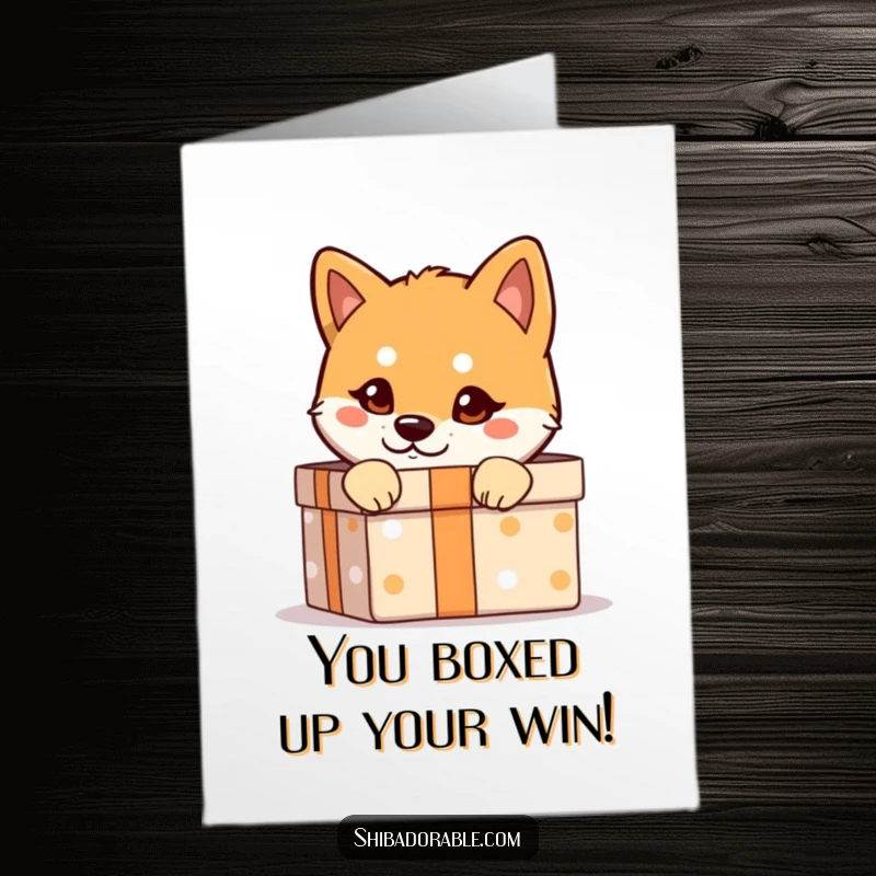 Free Printable Congratulations Card: A Shiba Inu with a sly, mischievous glint peeks out from a brightly wrapped gift box.