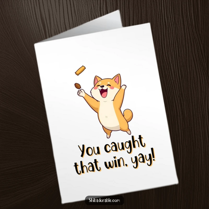 Free Printable Congratulations Card: A happy Shiba Inu dog leaping high to snatch a floating dog treat.